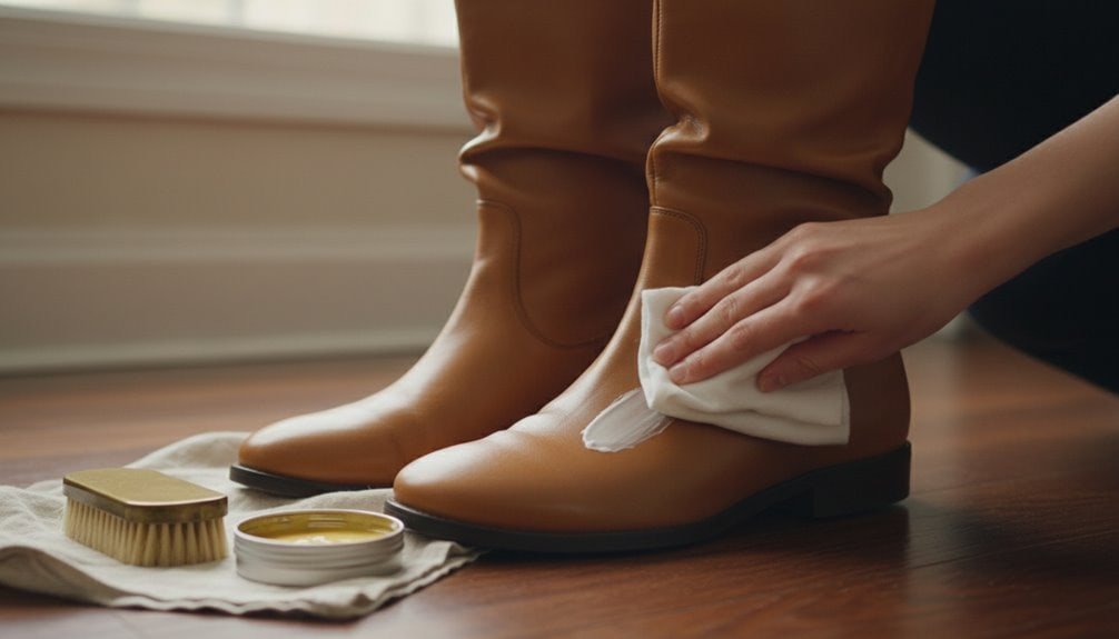 Gently cleaning and polishing stylish tan leather boots with a soft cloth, proper accessories, and shoe polish for a fresh appearance. Perfect for maintaining premium footwear.