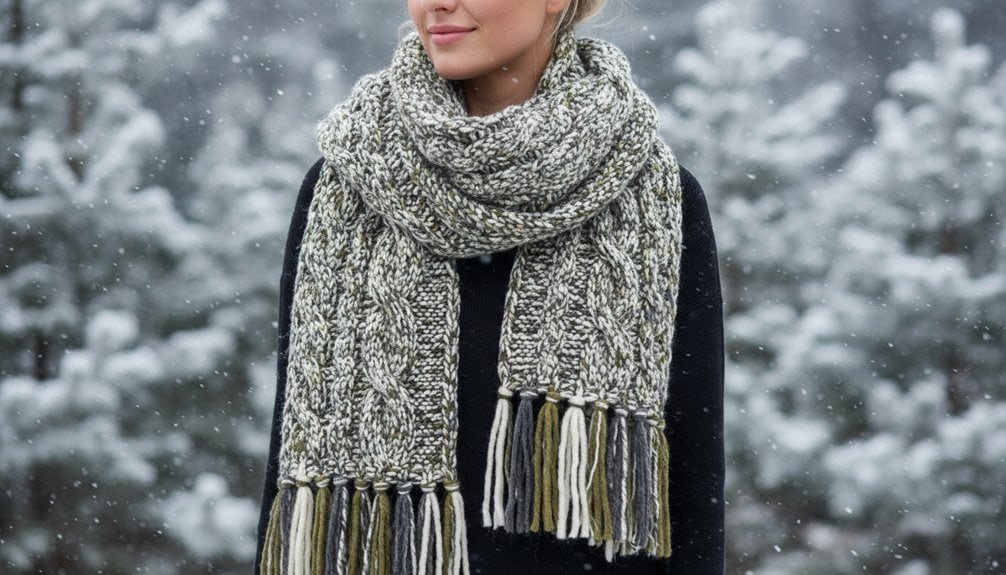 Versatile winter scarf ideal for cold weather, featuring a chunky knit design with fringe detailing, perfect for winter fashion and staying warm.