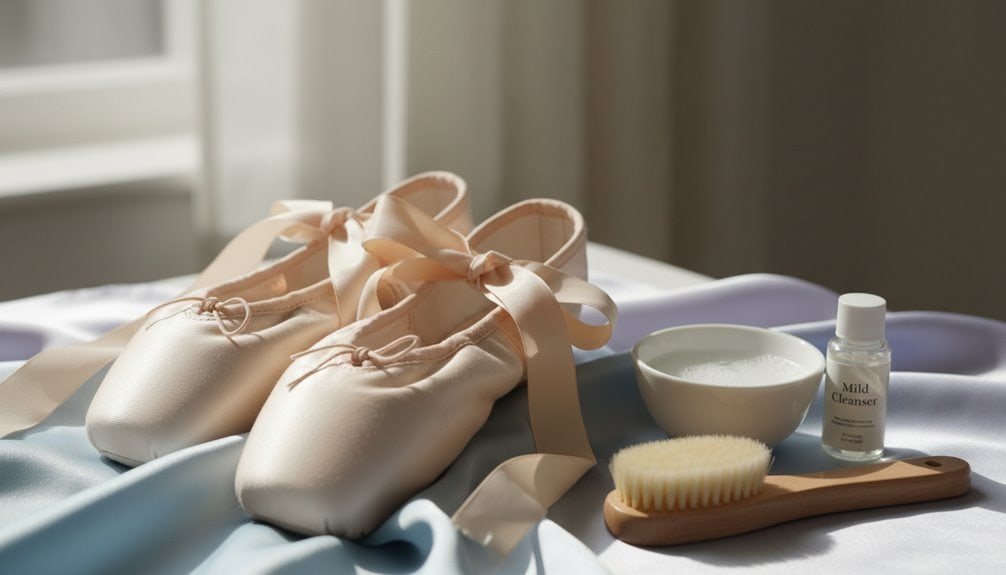 Elegant ballet slippers along with a bowl, brush, and cleanser on a satin surface, perfect for dance and self-care routines.