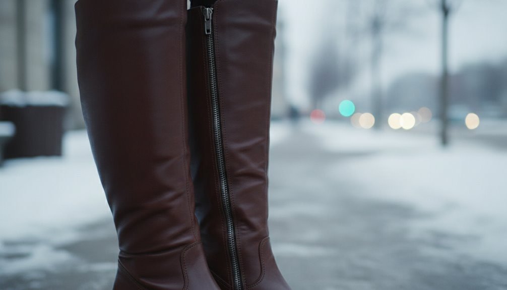 Close-up of stylish brown winter boots with zipper, suitable for cold weather; perfect for outdoor occasions and winter fashion.