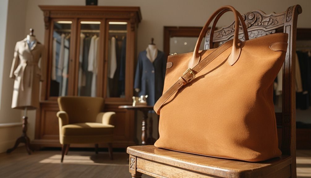 Elegant brown leather tote bag showcased in a high-end retail store, emphasizing luxury accessories.