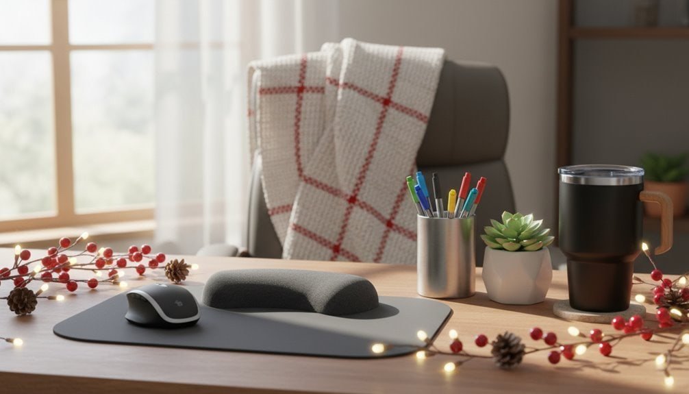 Comfortable office workspace with mouse, mouse pad, pens, and cozy decor for productivity.