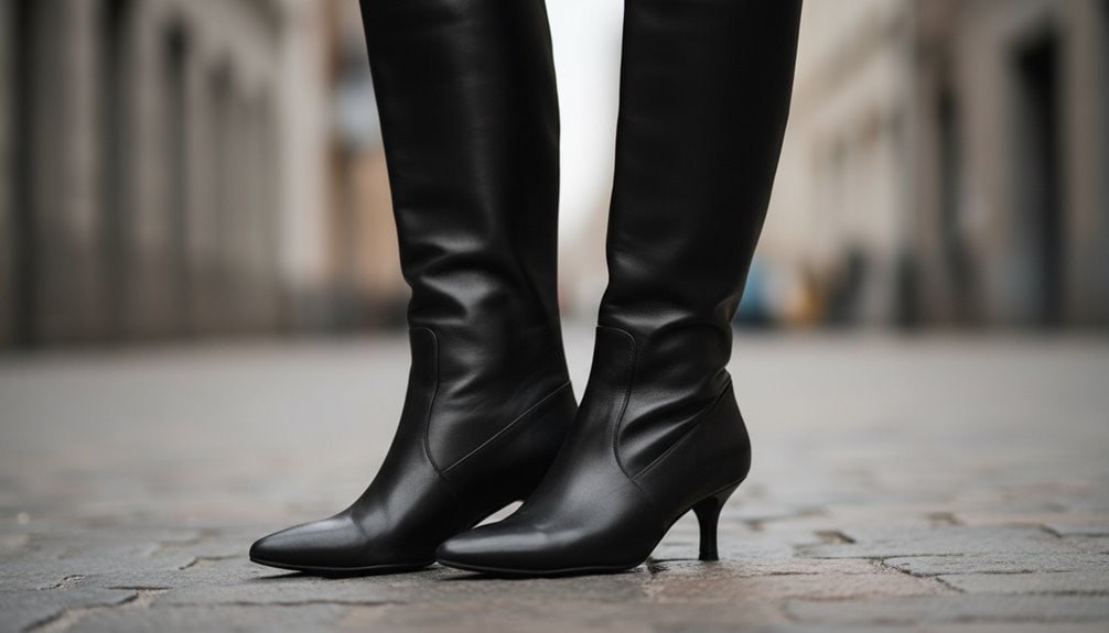 Stylish black leather high-heel boots for women, perfect for urban fashion and seasonal wear. Shop the latest trendy footwear with sale discounts to enhance your wardrobe.