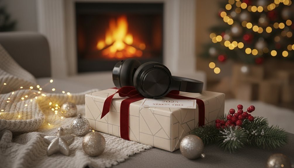 High-quality black headphones displayed on a Christmas gift box with holiday decor, perfect for seasonal gifts and online sale promotions.