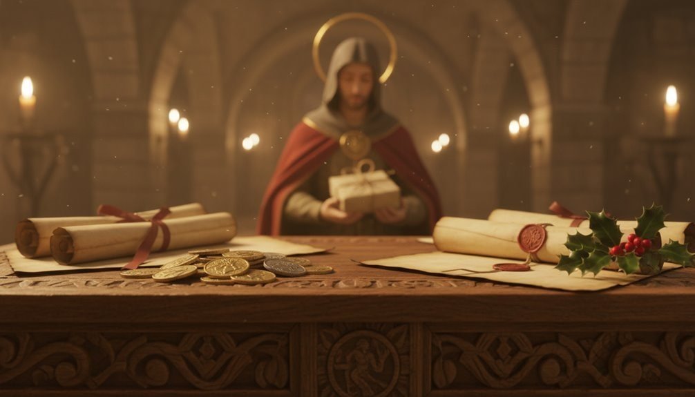 Jesus holding gift with scrolls and coins on table, Christmas sale, holiday deals, festive shopping, special offers, holiday discounts, winter sale, gift shopping, sale is live.