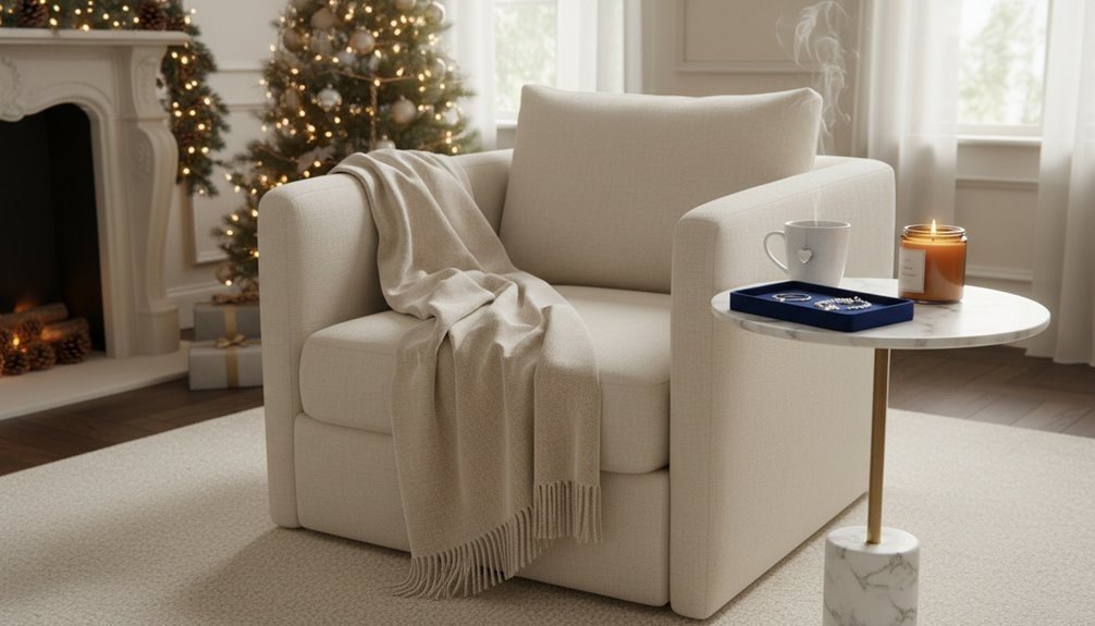 Christmas Gifts Moms Really Want in 2025 Comfort, Keepsakes, and Time-Saving Favorites - silk robes and aromatherapy tn8pc - Sale is Live - 2026 Elegant living room featuring a white sofa, a warm blanket, a lit fireplace, Christmas tree, and holiday ambiance. Perfect for holiday shopping and sales events from Sale is Live.