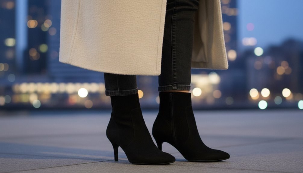Elevate your style with this pair of sophisticated black ankle boots, featuring a pointed toe and stiletto heel, ideal for urban fashion lovers.