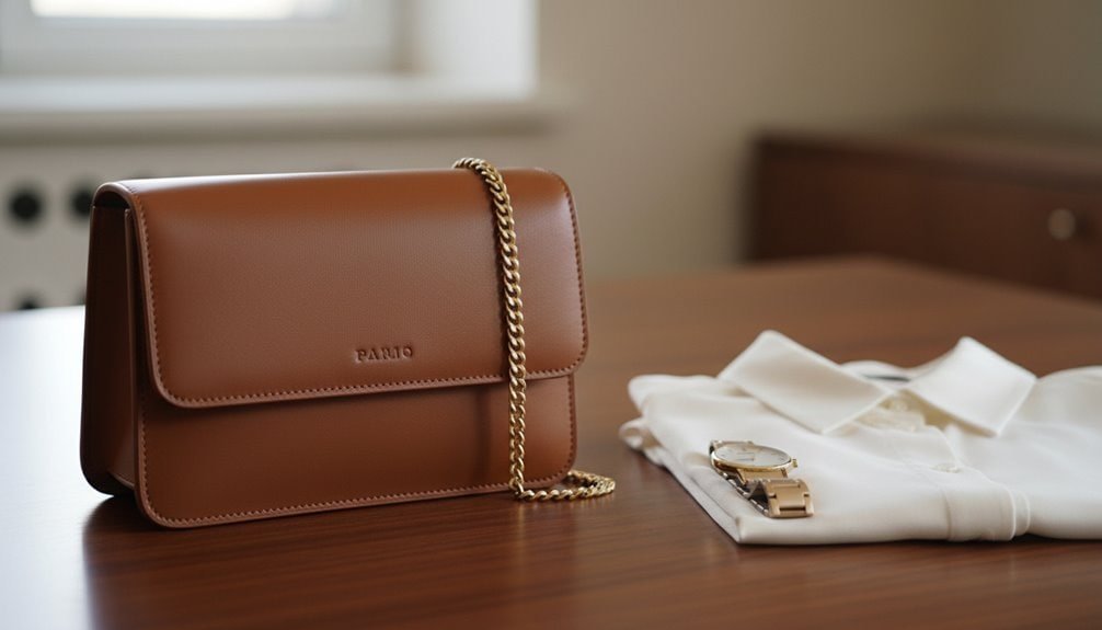 Chic brown leather handbag with gold chain strap displayed on wooden surface, highlighting fashionable accessories available at Sale is Live. Perfect for smart shopping and updating your wardrobe now.