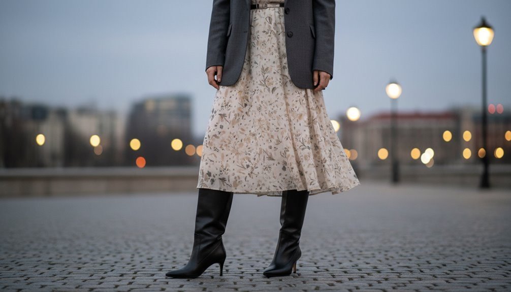 Elegant black high-heeled boots paired with a floral skirt and blazer, perfect for fall fashion and urban chic. Shop now for exclusive discounts on trendy footwear at Sale is Live.