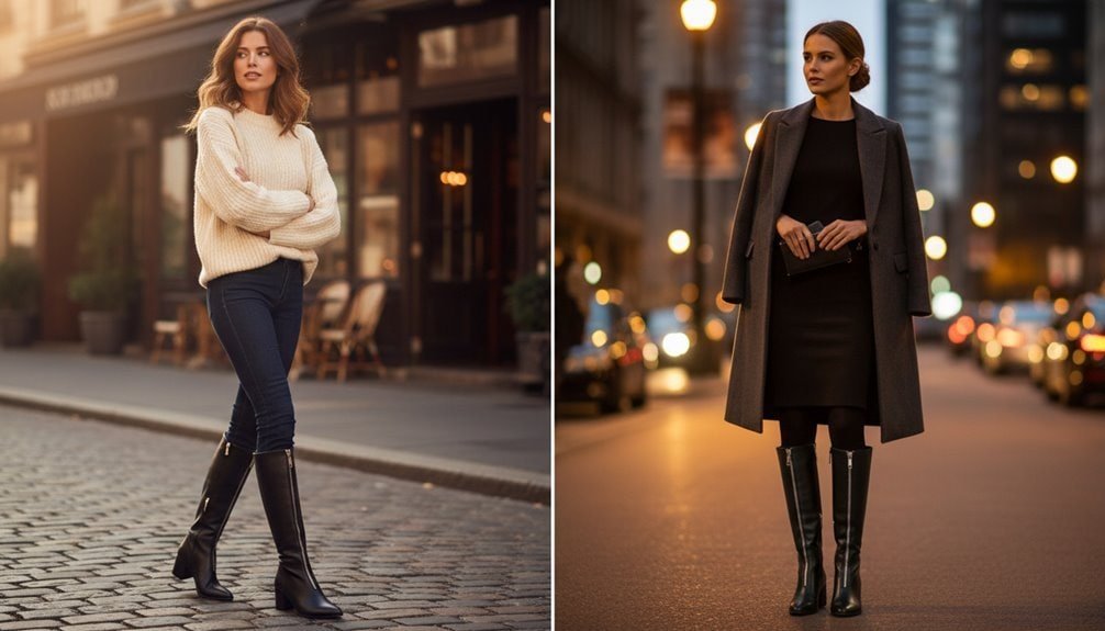 Stylish women in urban settings wearing fashion-forward outfits with high-quality boots. Perfect for fall or winter city outings, showcasing trendy apparel and footwear.