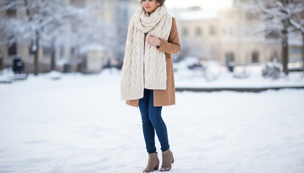 Woman in winter coat and chunky scarf standing in snowy park, stylish cold-weather outfit, snow-covered trees, urban winter scene, winter fashion, cozy outdoor wear, seasonal sale, stay warm in style.