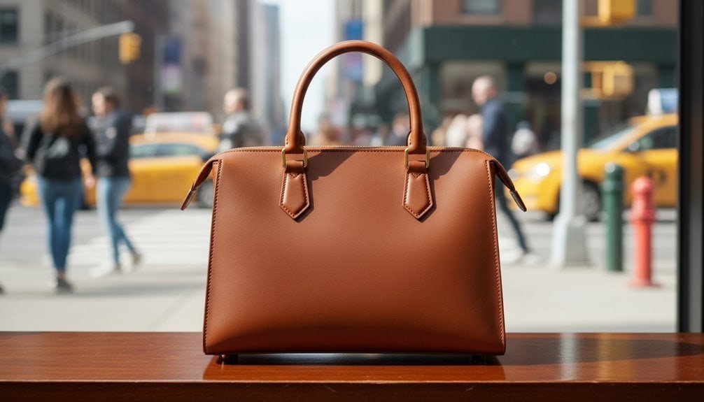 Elegant brown leather handbag on a city counter with bustling streets and yellow taxis in the background — perfect for trendy city shoppers interested in stylish accessories.