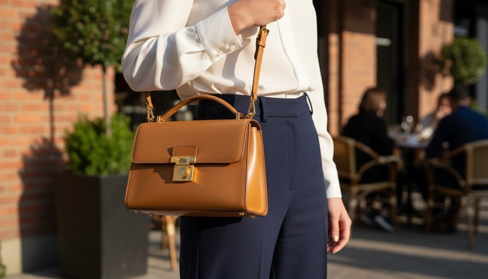 Stylish brown leather handbag held by a woman in business attire, highlighted for sale - ideal for professional, casual, or chic occasions. Save big during Sale is Live with exclusive discounts on trendy handbags and accessories.