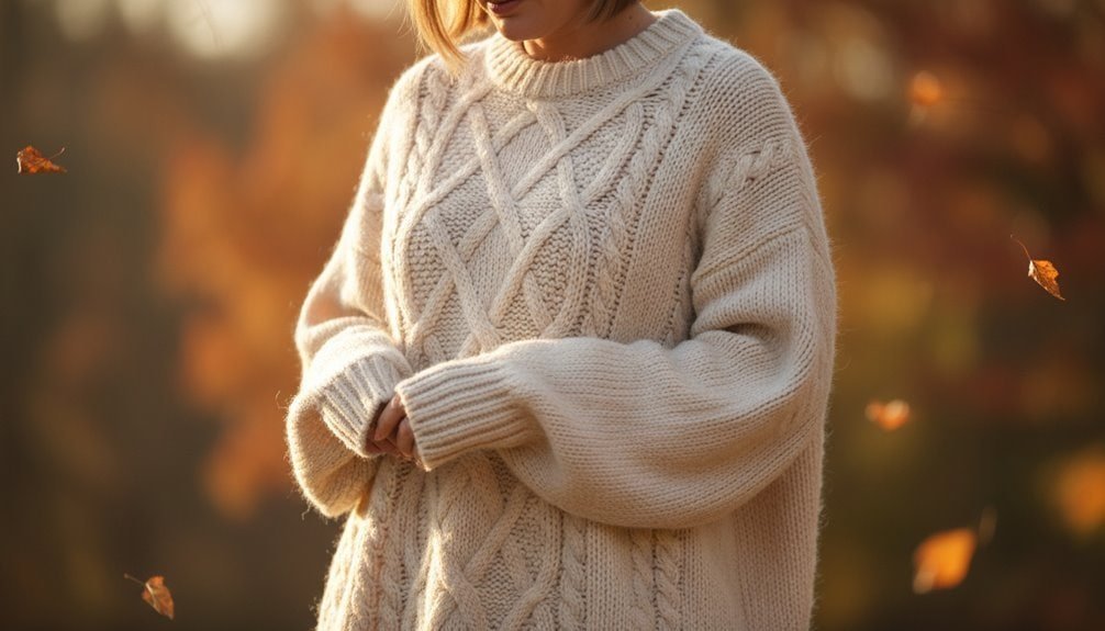 Comfortable cream-colored cable-knit sweater perfect for autumn weather. Soft, stylish, and warm, ideal for outdoor activities and seasonal fashion.