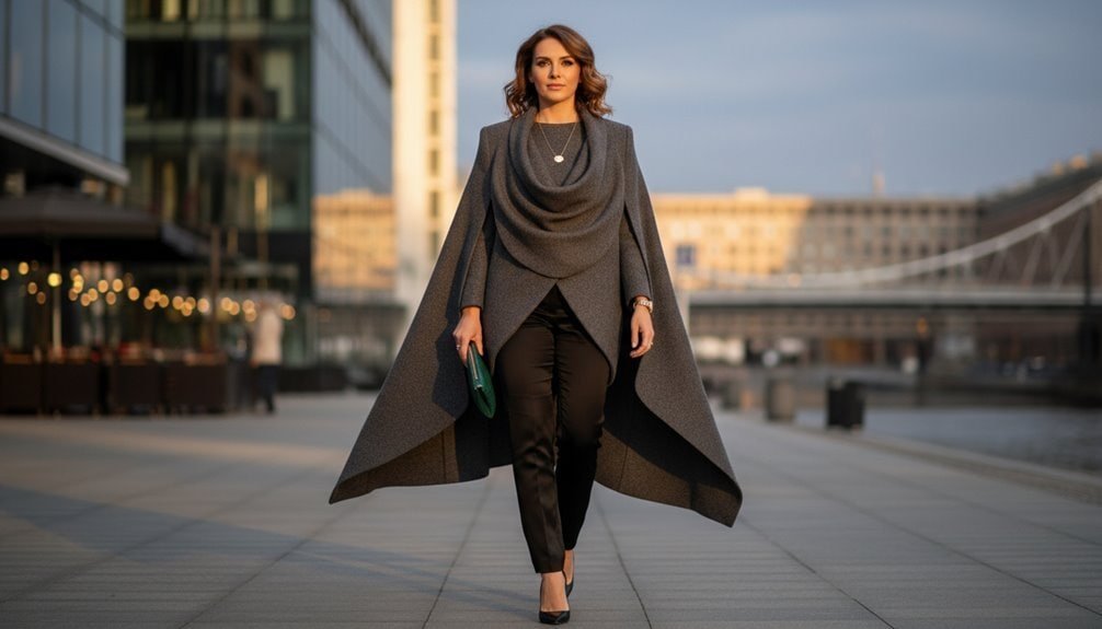 Elegant professional woman in stylish gray coat, black pants, and heels walking along city waterfront during sunset, showcasing trendy fall fashion.