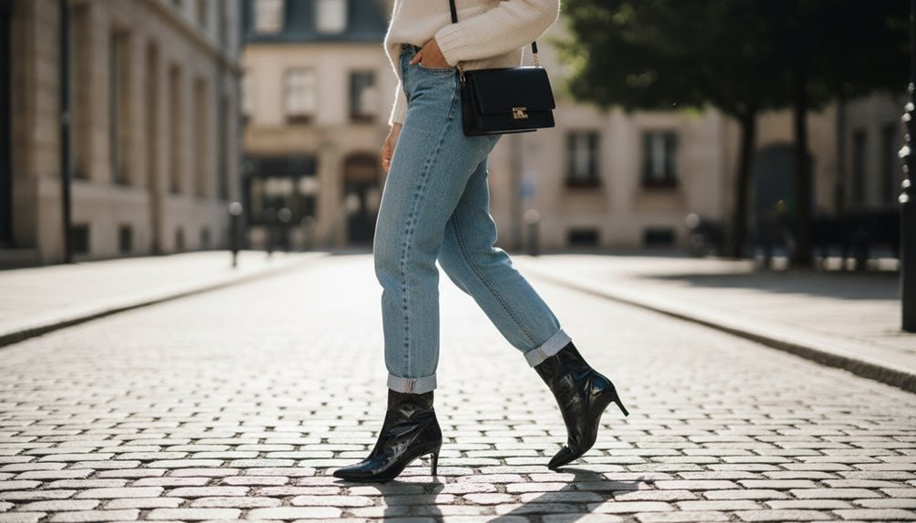 Stylish woman walking on cobblestone street wearing trendy high-heeled boots, casual jeans, and a chic handbag, showcasing fashionable autumn outfit perfect for shopping and sales events online.