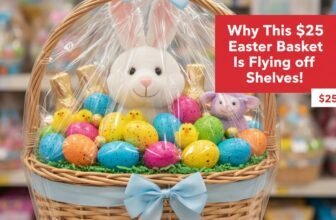 Brightly colored Easter basket with plush bunny and chick toys, rainbow eggs, and decorative candies, wrapped with a blue ribbon for festive holiday gifting. Perfect for Easter celebrations.