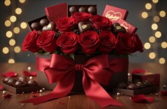 A beautifully arranged gift box featuring red roses and assorted chocolates, perfect for special occasions. Ideal for gifting, this luxurious floral and chocolate collection is available now on Sale is Live.
