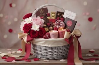 Beautiful Valentine's Day gift basket with roses, chocolates, candles, and romantic accessories for special loved ones. Perfect for celebrating love and appreciation.