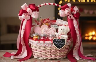 A romantic Valentine's Day gift basket with candy, plush teddy bear, cookies, and heart-shaped treats, perfect for celebrating love and affection on February 14th. Ideal for expressing heartfelt sentiments.