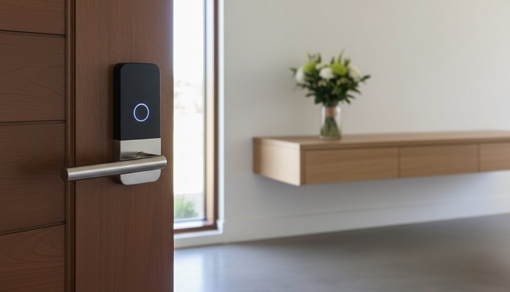 Advanced smart lock on wooden door with unlock indicator. Ideal for secure home and office access management with seamless keyless entry.