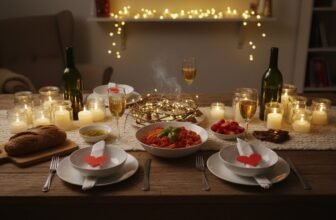 A cozy romantic dinner table decorated with candles, wine, pasta, bread, and chocolates, perfect for a special occasion or Valentine's Day celebration.