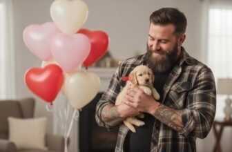 Adorable puppy held by a smiling man in a cozy home setting with red, pink, and white heart-shaped balloons, celebrating special moments. Perfect for gift ideas and pet lovers looking for exclusive deals.