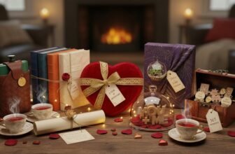 Decorative gift set with books, heart-shaped box, terrarium, candles, and jewelry for Valentine's Day or special occasions.