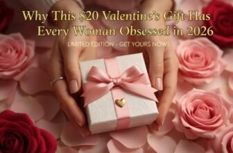 Elegant pink gift box with a ribbon and heart, surrounded by roses, promoting Valentine's Day deals.