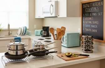 Modern kitchen countertop with cookware, utensils, and small appliances, showcasing budget-friendly kitchen essentials for efficient meal preparation.