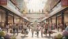 Busy shopping mall during spring sale with families and shoppers exploring stores, decorated with Easter-themed balloons and banners offering discounts up to 50%.