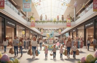 Busy shopping mall during spring sale with families and shoppers exploring stores, decorated with Easter-themed balloons and banners offering discounts up to 50%.