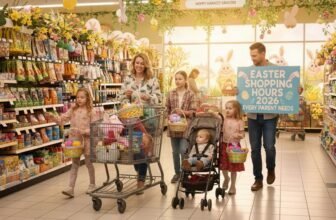 Happy family shopping for Easter treats at a grocery store during Easter shopping hours 2026, with children and parents enjoying a festive shopping experience.