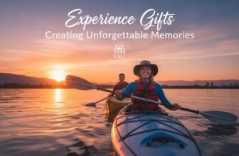 Two women kayaking on a calm lake at sunset, enjoying outdoor adventure and creating unforgettable memories with experience gifts.