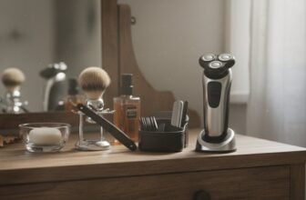 An electric shaver, shaving brush, and grooming accessories arranged on a wooden dresser. Perfect for men's grooming routines, emphasizing quality and convenience.