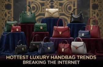 A stylish display of luxury handbags in various colors and designs, showcased on velvet stands with an ornate background, highlighting the latest trends in high-end fashion accessories.