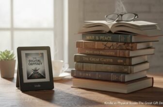 Books and Kindle e-reader on a wooden desk with a window in the background.