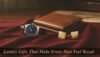 Luxury men's accessories including a stylish watch, leather wallet, and gold cufflinks displayed on a deep red fabric.
