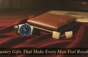 Luxury men's accessories including a stylish watch, leather wallet, and gold cufflinks displayed on a deep red fabric.