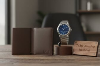 Elegant wristwatch, wallet, and personalized gift on a wooden desk.