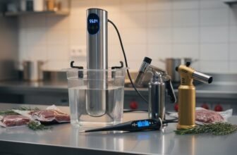 Quality sous vide cooker with digital display and immersion in water, used for precise temperature cooking of meats and other foods.