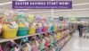 Colorful Easter baskets filled with plush toys and candies on store shelves, promoting Easter savings and shopping deals for families during the holiday season.