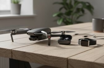 Quality drone with camera, remote control, and accessories displayed on a wooden table in a bright, modern office environment. Perfect for aerial photography and videography.