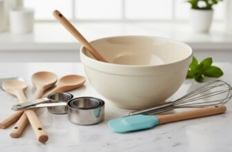 Versatile kitchen mixing bowl with wooden spoons, measuring cups, and a whisk, ideal for baking and cooking preparations.