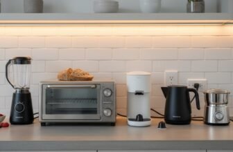 Modern kitchen countertop with a toaster, blender, coffee maker, kettle, and freshly baked bread, showcasing a clean and organized space for home cooking and baking.