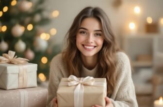 Beautiful young woman holding a wrapped gift with a Christmas tree in the background.