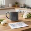 Elegant ceramic mug on a kitchen counter with a handwritten note for Mother’s Day gift, surrounded by white flowers, perfect for daughters-in-law.