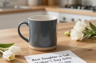 Elegant ceramic mug on a kitchen counter with a handwritten note for Mother’s Day gift, surrounded by white flowers, perfect for daughters-in-law.