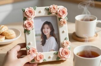 Elegant floral photo frame with a smiling young woman, perfect for Mother’s Day gifts for first-time grandmothers.