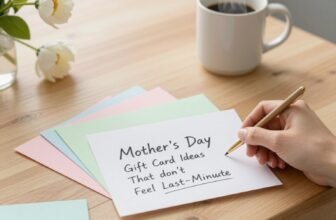 Handwriting a Mother’s Day gift card on colorful paper with a coffee mug nearby, perfect for last-minute gift ideas.